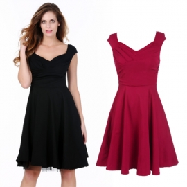 Midi Meaneor Women 1950s V Neck Vintage Retro Capshoulder Party Cocktail Swing Dress