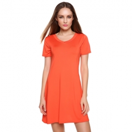 Mini Meaneor Women's Short Sleeve V Neck Drapey Solid Pleated Flare Party Mini Dress