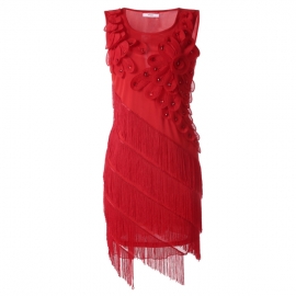 Mini Meaneor Women 20S Beaded Fringe Scalloped Petal Hem Origami Flapper Party Dress
