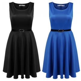 Mini Meaneor Women Sleeveless Belted Pleated Flared Plus Size Skater Swing Dress Top