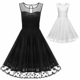 Midi Meaneor Classy Sleeveless Lace Patchwork Slim Pleated Swing Dress